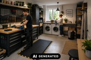 Ergonomische Bodenbeläge für Werkstatt und Hauswirtschaftsraum planen - Bild: KI-generiert / BAU.DE Ergonomische Bodenbeläge für Werkstatt und Hauswirtschaftsraum planen - Bild: KI-generiert / BAU.DE
